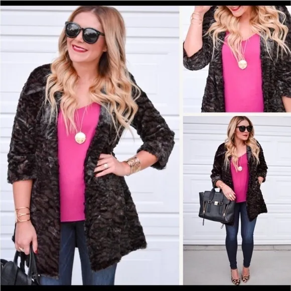 Cabi Minka Soft Brown Black Animal Print Coat