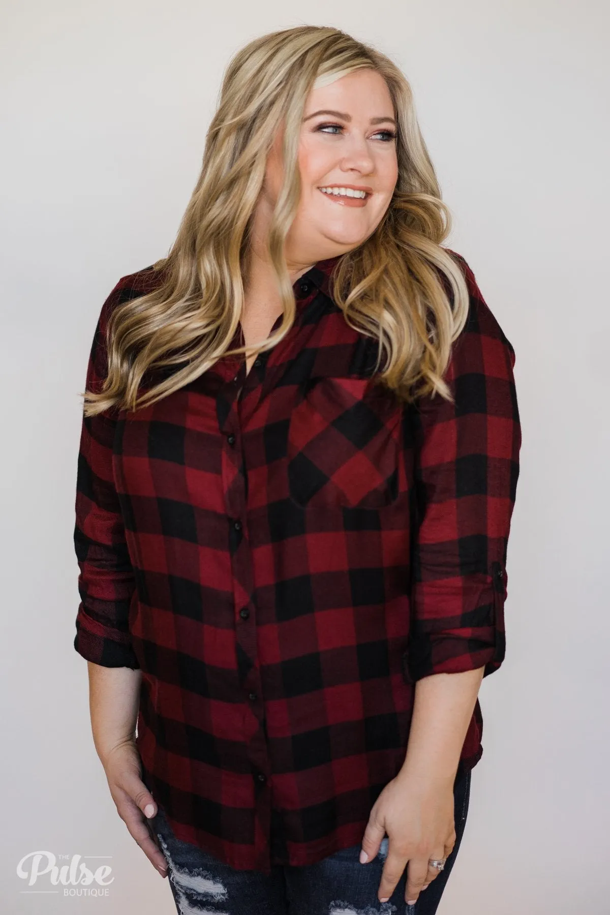Casual Buffalo Plaid Button Up Top- Deep Red