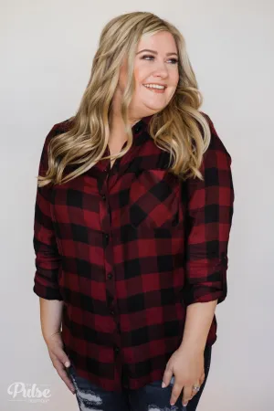 Casual Buffalo Plaid Button Up Top- Deep Red