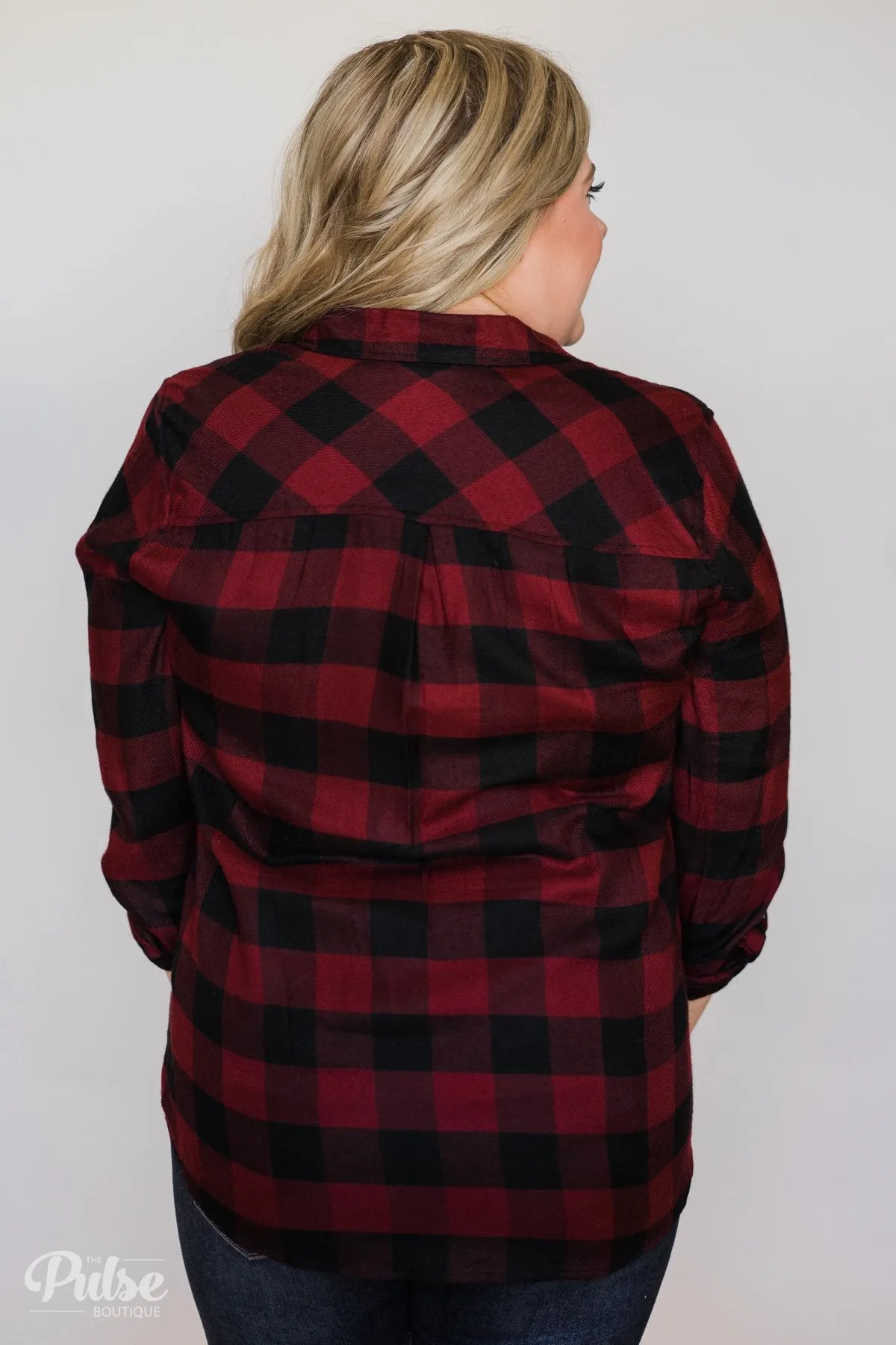 Casual Buffalo Plaid Button Up Top- Deep Red