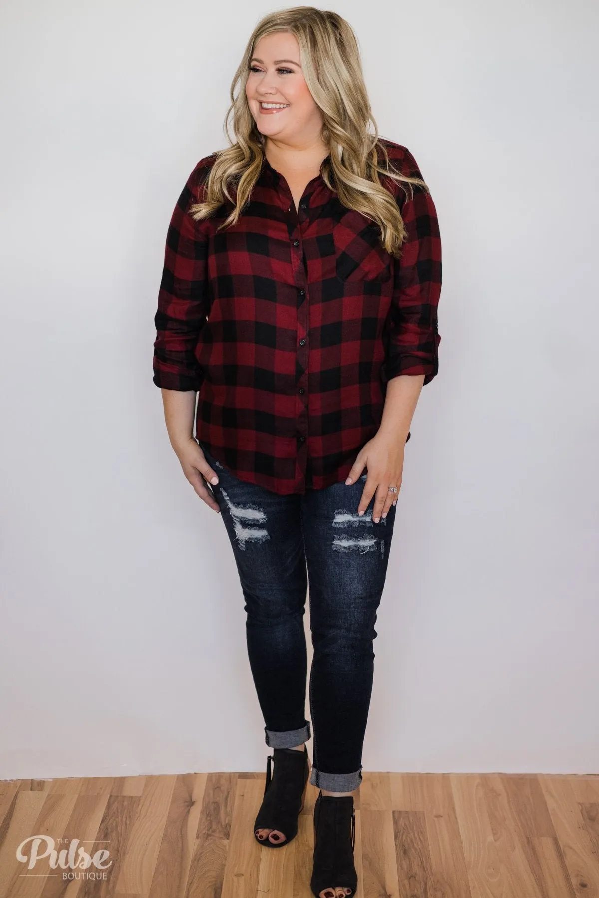 Casual Buffalo Plaid Button Up Top- Deep Red