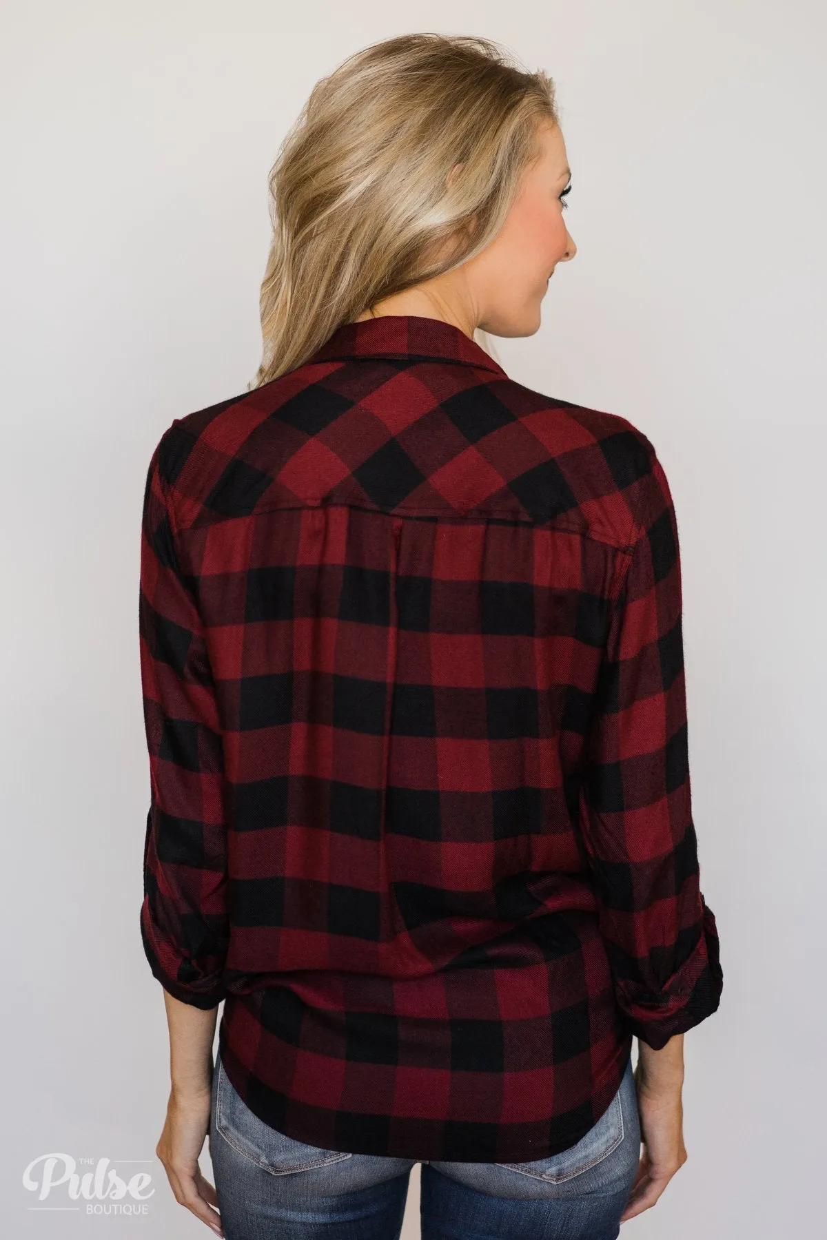 Casual Buffalo Plaid Button Up Top- Deep Red
