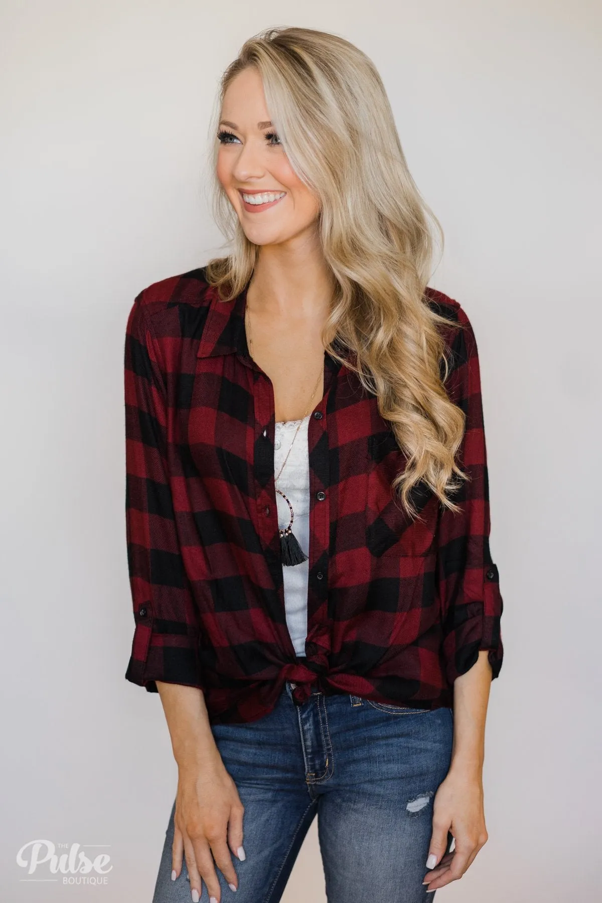 Casual Buffalo Plaid Button Up Top- Deep Red