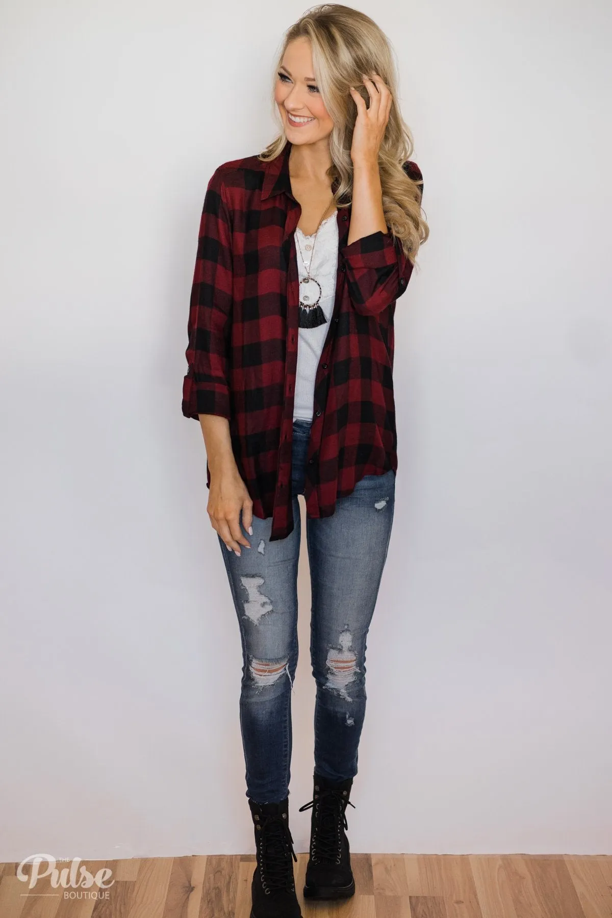 Casual Buffalo Plaid Button Up Top- Deep Red