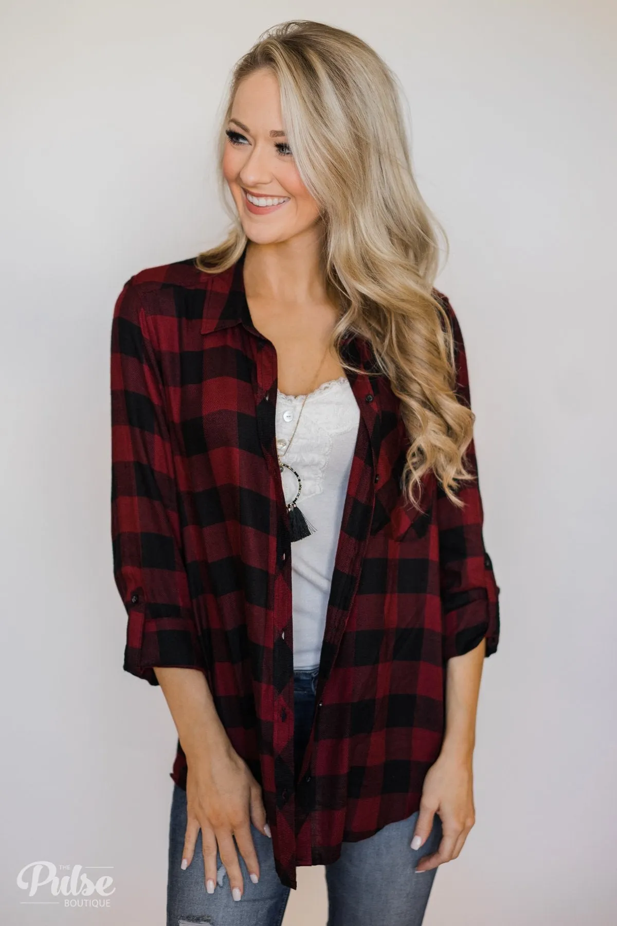 Casual Buffalo Plaid Button Up Top- Deep Red