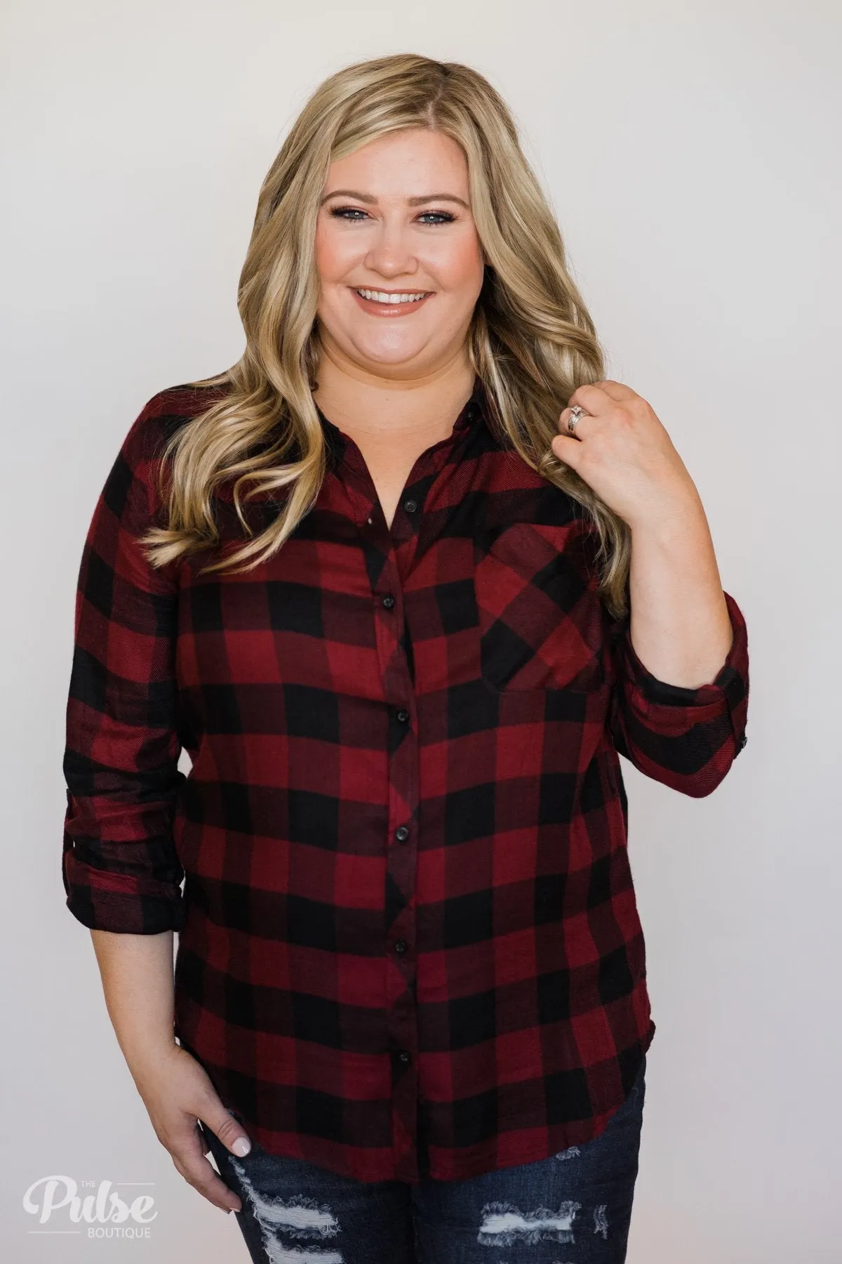 Casual Buffalo Plaid Button Up Top- Deep Red