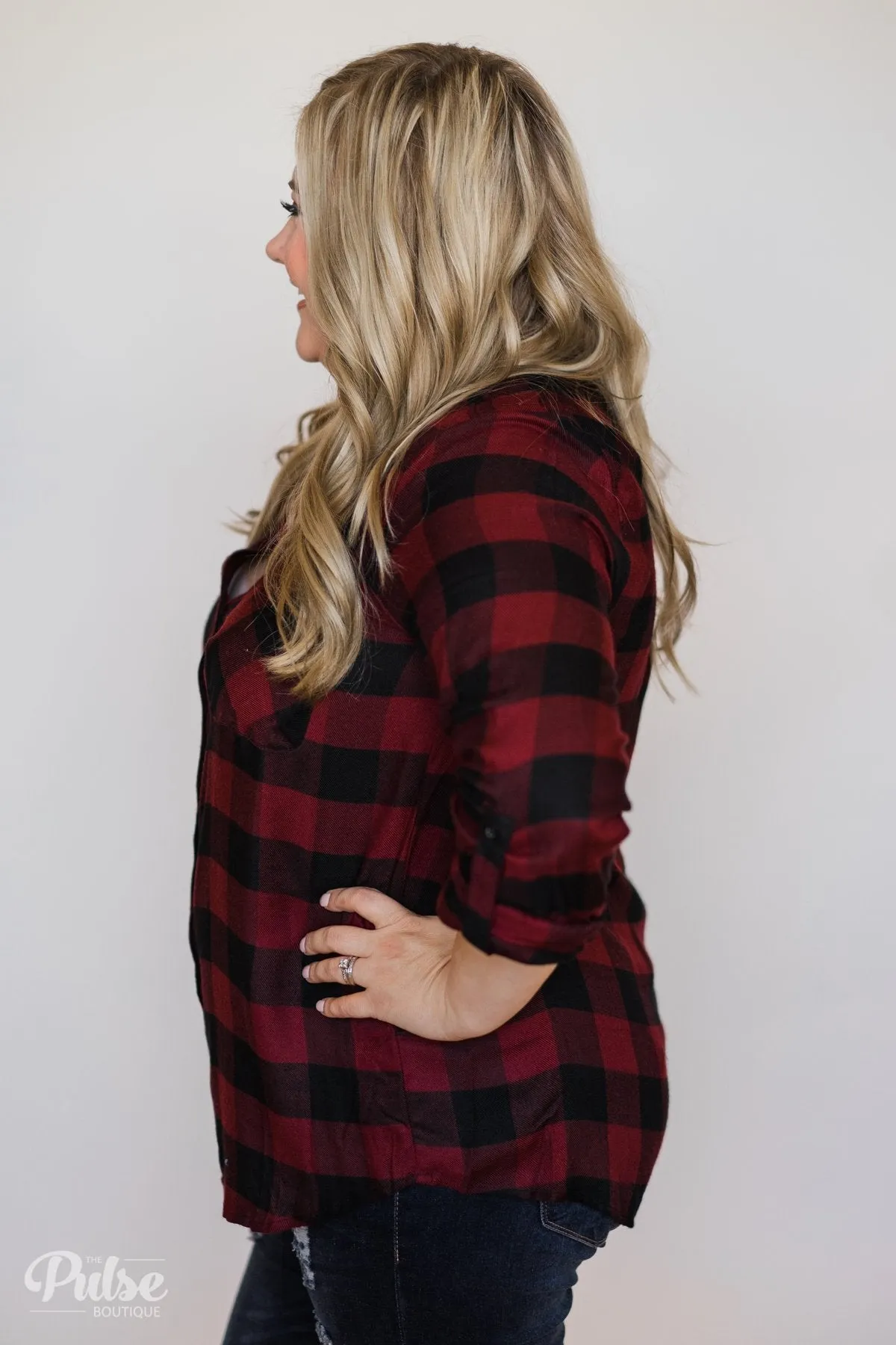 Casual Buffalo Plaid Button Up Top- Deep Red