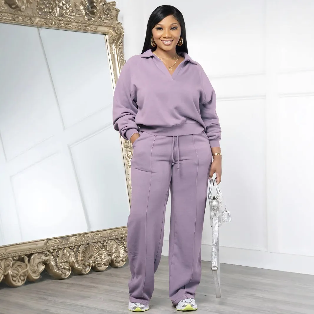Casual V-Neck Long Sleeve Top and Wide-Leg Pants Two-Piece Set