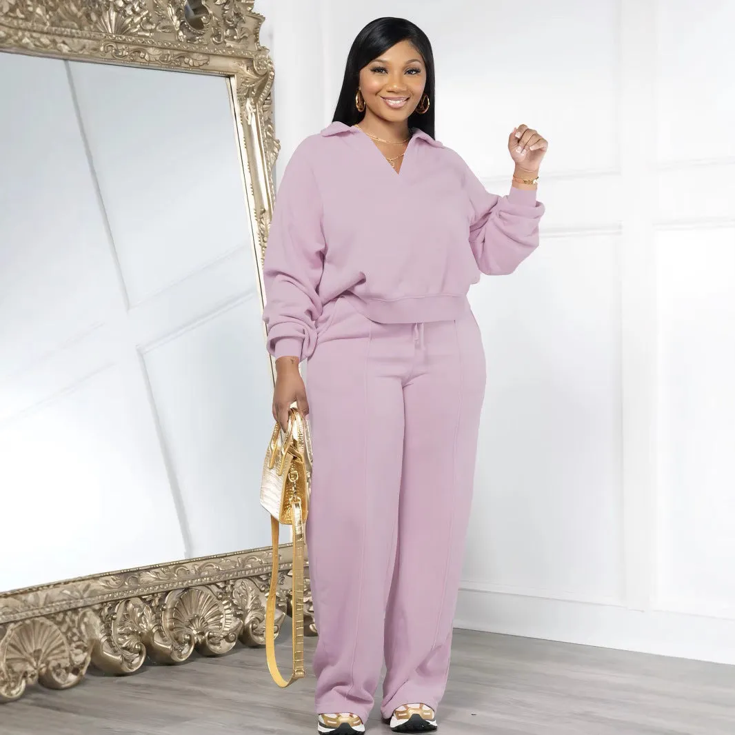 Casual V-Neck Long Sleeve Top and Wide-Leg Pants Two-Piece Set
