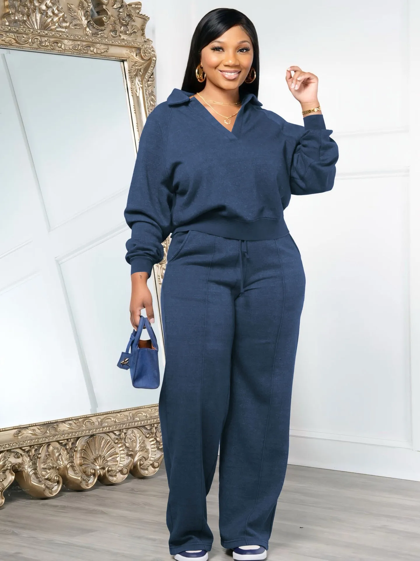 Casual V-Neck Long Sleeve Top and Wide-Leg Pants Two-Piece Set