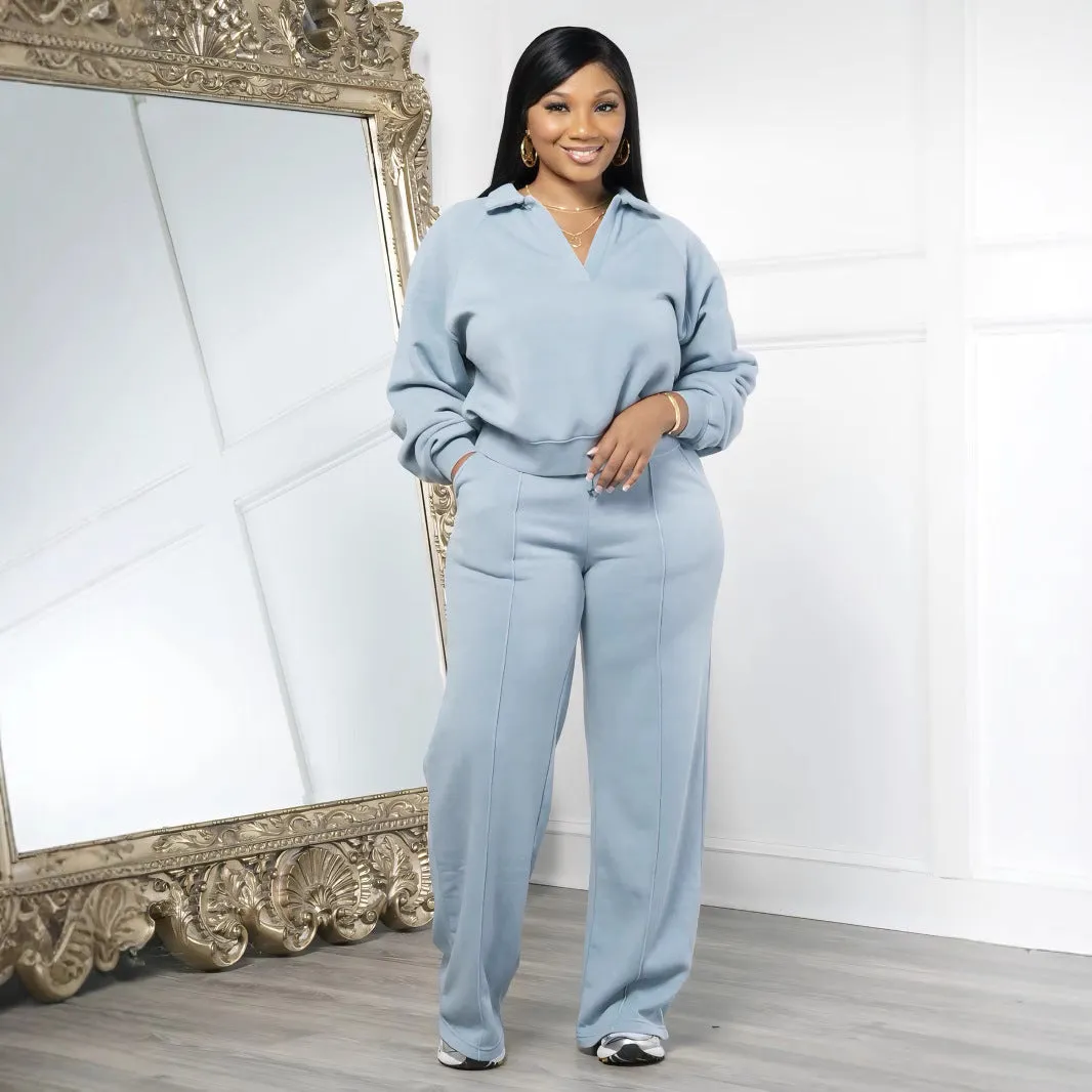 Casual V-Neck Long Sleeve Top and Wide-Leg Pants Two-Piece Set