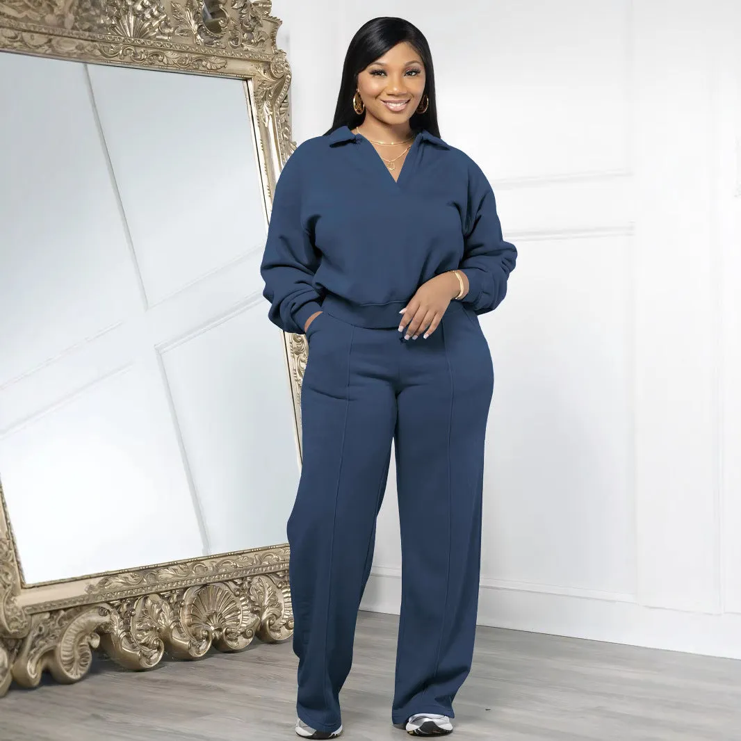 Casual V-Neck Long Sleeve Top and Wide-Leg Pants Two-Piece Set