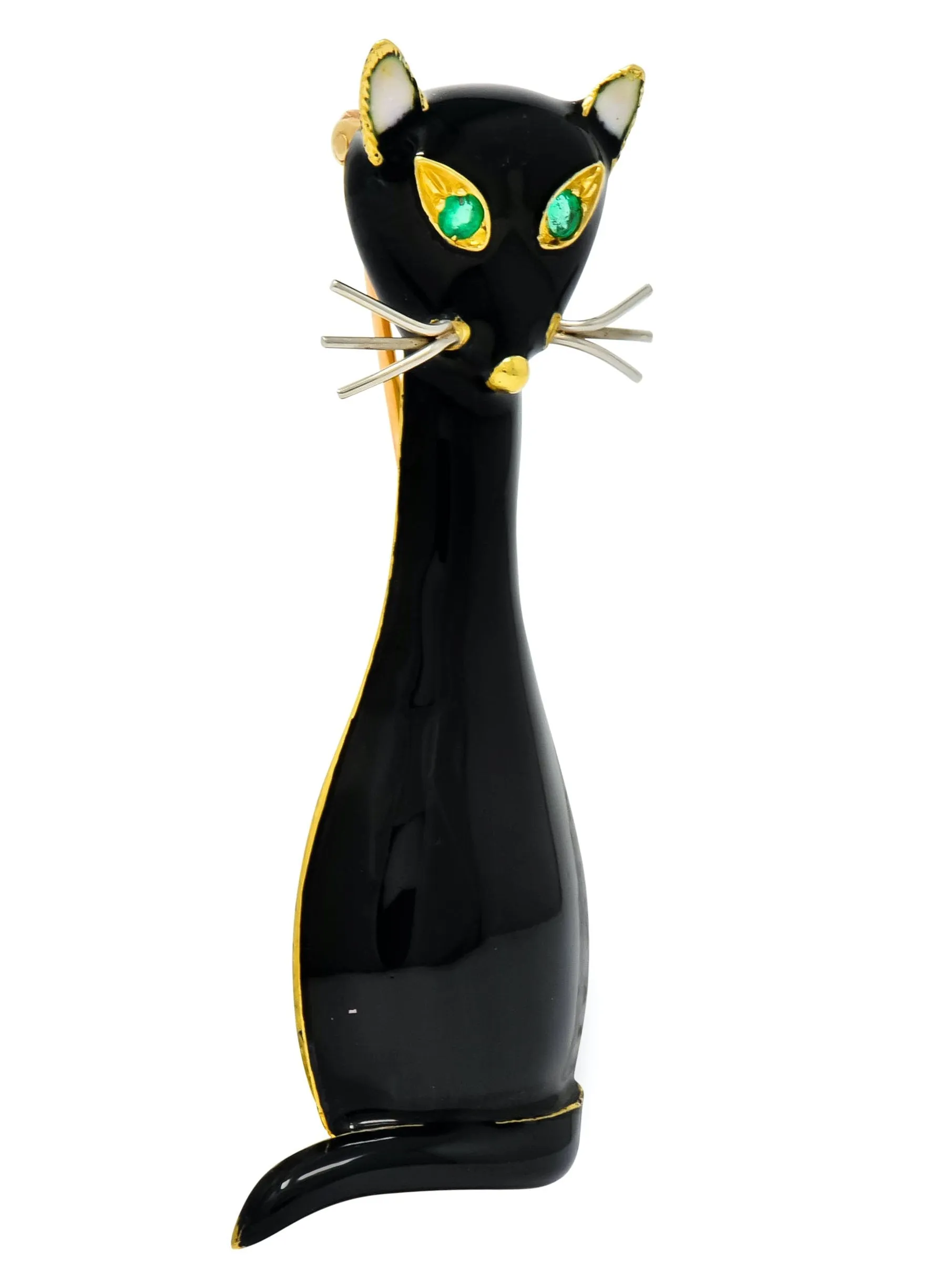 Cellino Retro Black Enamel Emerald 18 Karat Gold Cat Brooch