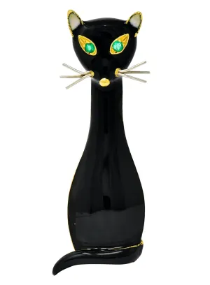 Cellino Retro Black Enamel Emerald 18 Karat Gold Cat Brooch