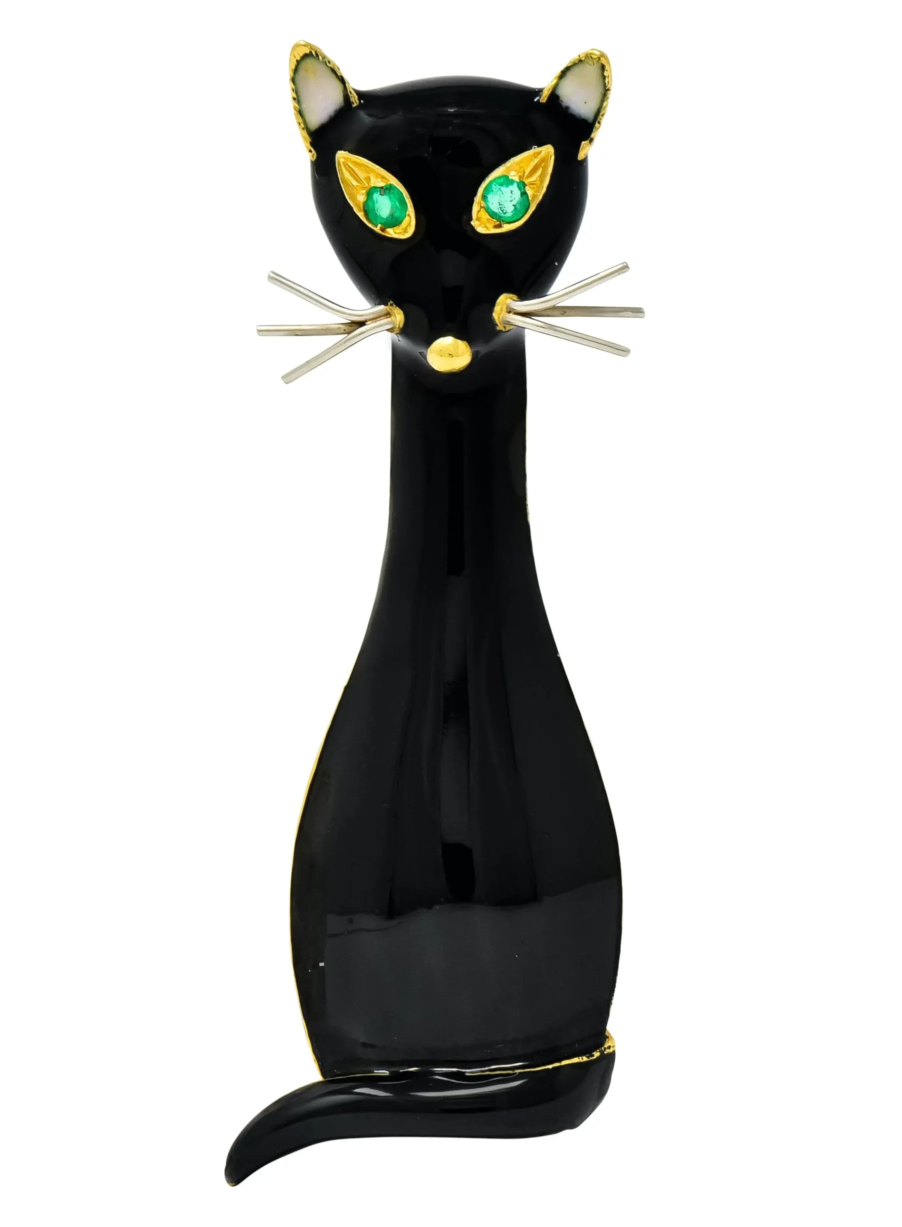 Cellino Retro Black Enamel Emerald 18 Karat Gold Cat Brooch