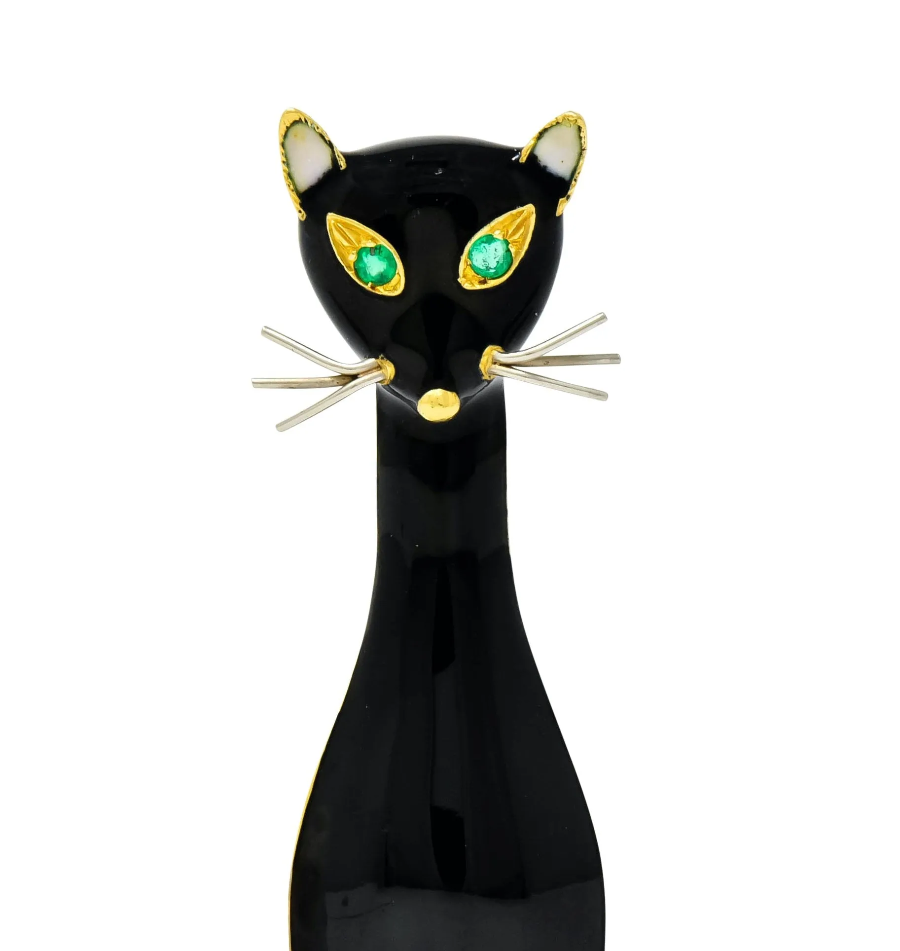 Cellino Retro Black Enamel Emerald 18 Karat Gold Cat Brooch