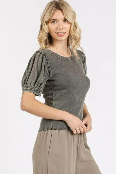 Charcoal Grey Mineral Wash Puff Sleeve Rib Knit Top