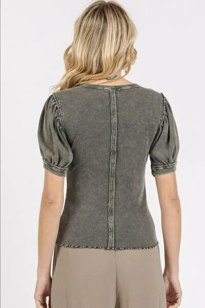 Charcoal Grey Mineral Wash Puff Sleeve Rib Knit Top