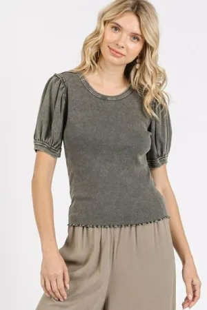 Charcoal Grey Mineral Wash Puff Sleeve Rib Knit Top