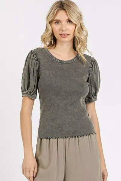Charcoal Grey Mineral Wash Puff Sleeve Rib Knit Top