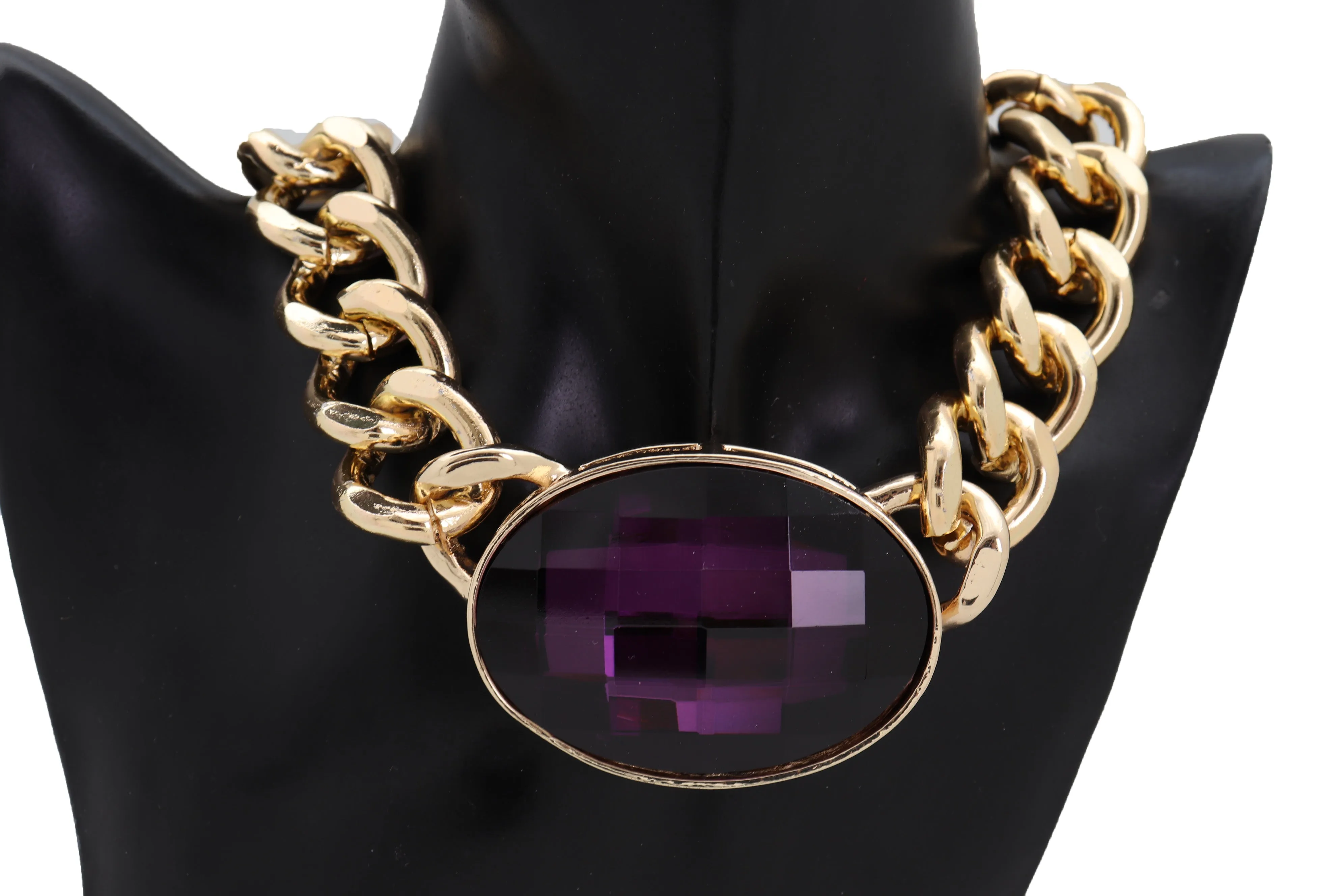 Chunky Short Length Chain Link & Purple Gem Pendant Necklace