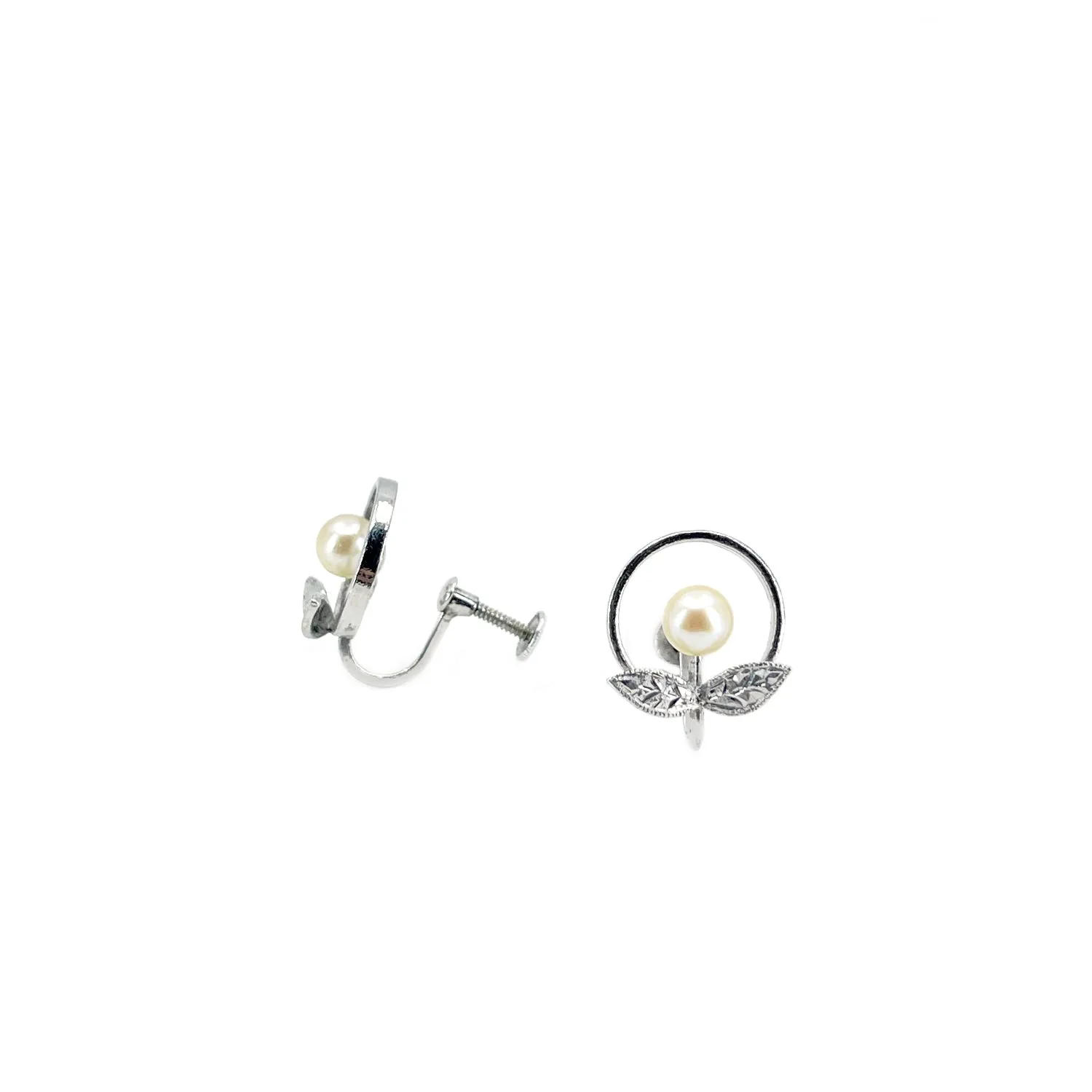 Circle Leaf Akoya Saltwater Cultured Pearl Vintage Screwback Earrings- Sterling Silver
