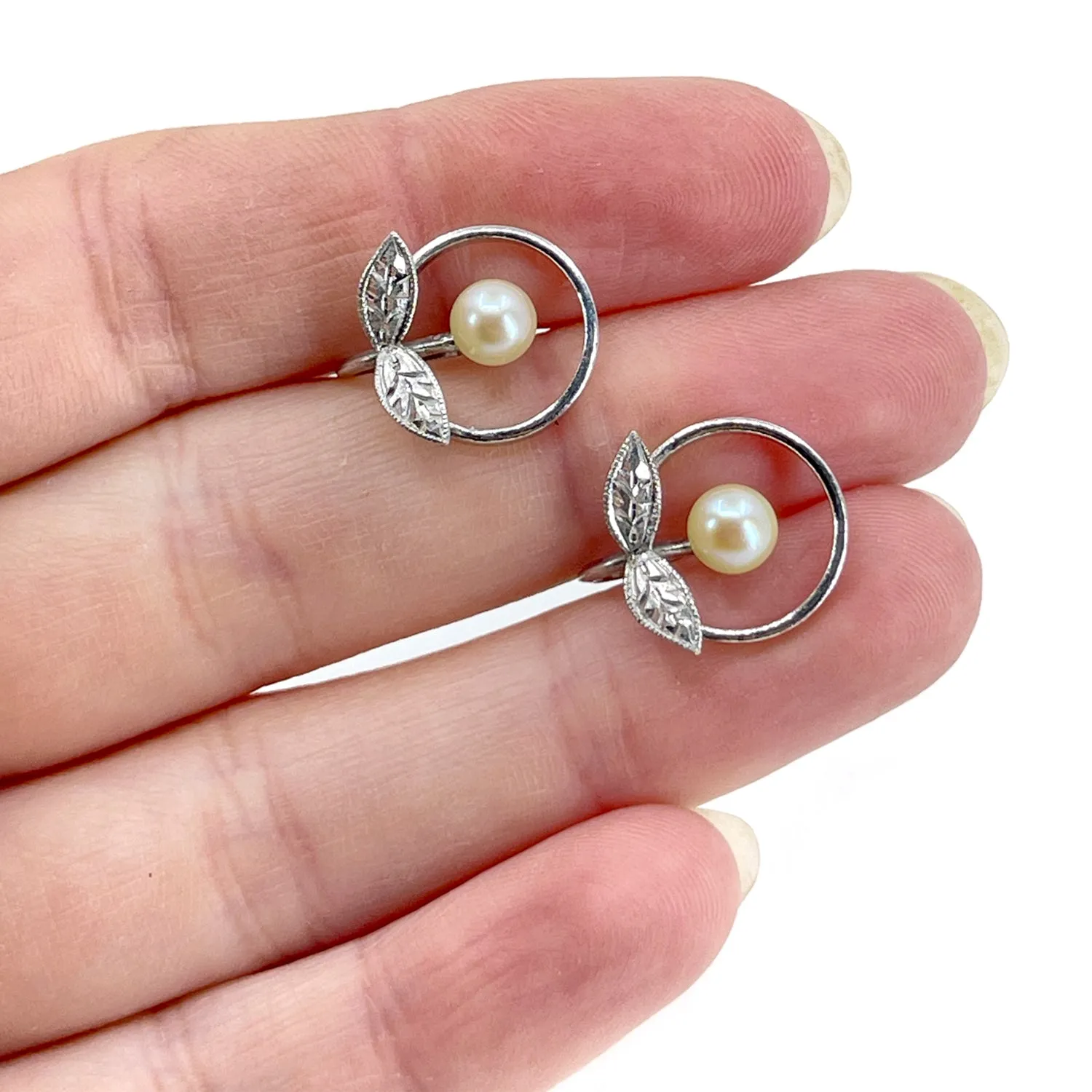 Circle Leaf Akoya Saltwater Cultured Pearl Vintage Screwback Earrings- Sterling Silver