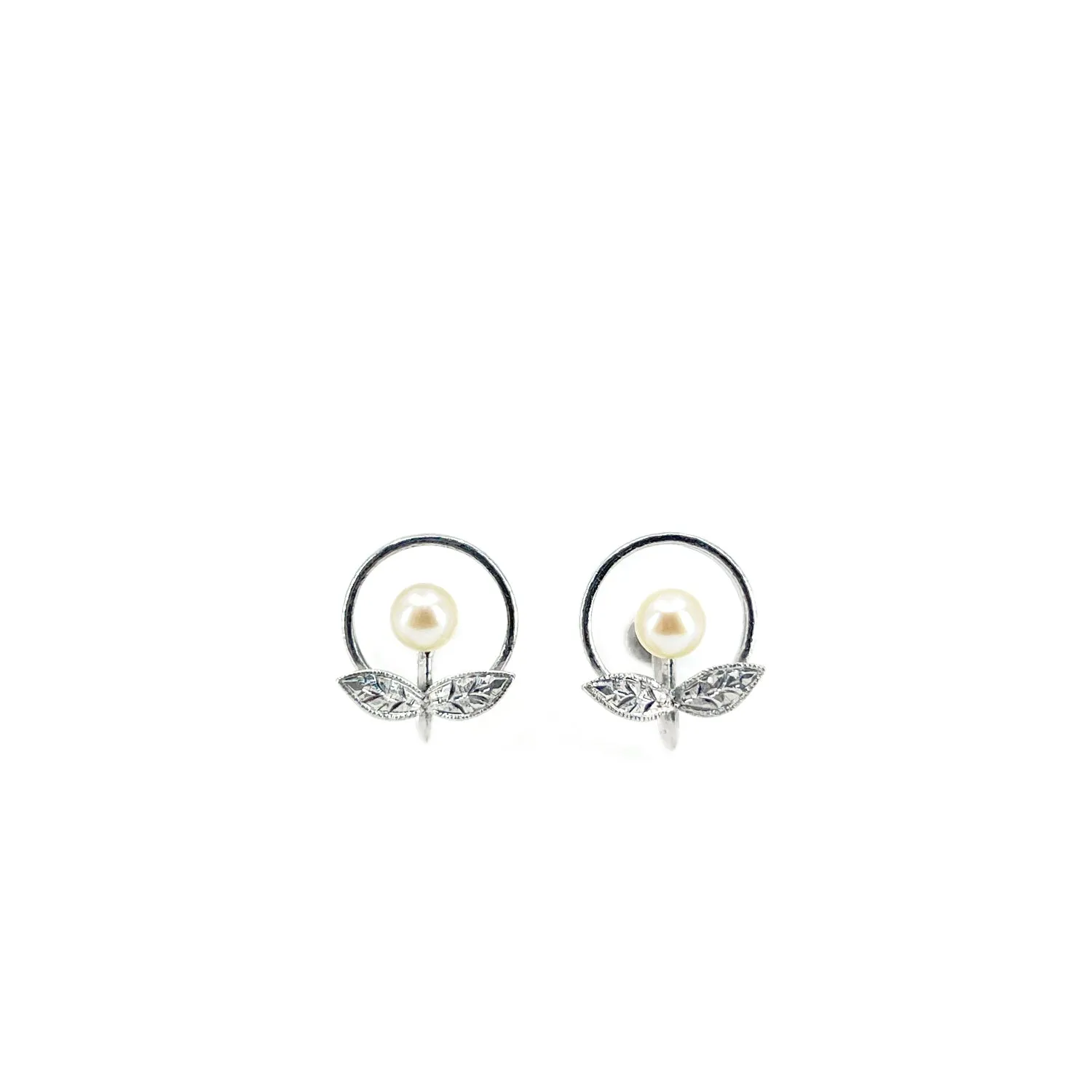 Circle Leaf Akoya Saltwater Cultured Pearl Vintage Screwback Earrings- Sterling Silver