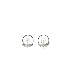 Circle Leaf Akoya Saltwater Cultured Pearl Vintage Screwback Earrings- Sterling Silver