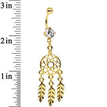 Clear CZ Gold Anodized Dreamcatcher Dangle Belly Ring