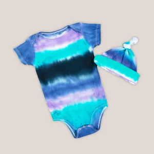 Colorado Dusk Organic Tie Dye Baby Bodysuit   Hat