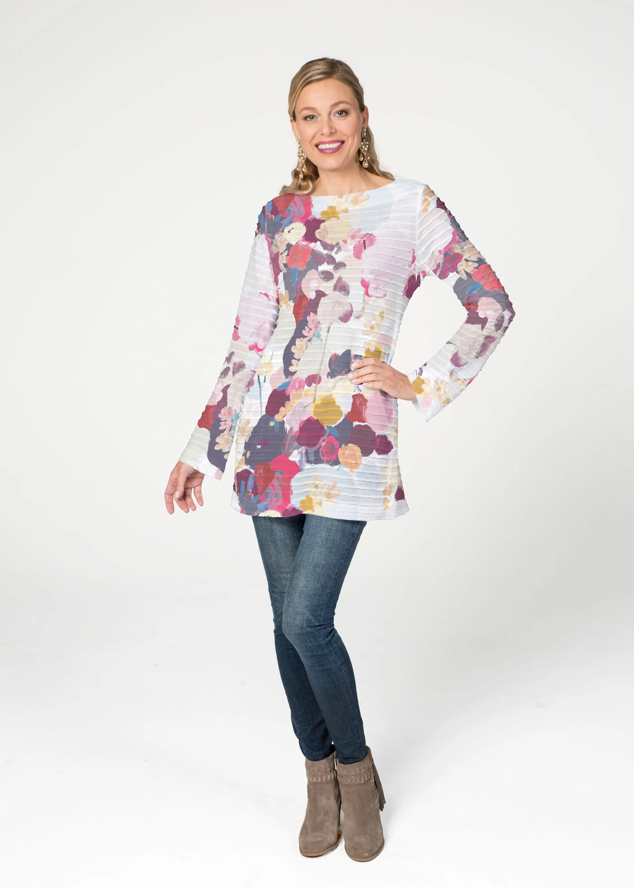 Colorful Poms (8063) ~ Banded Boatneck Tunic