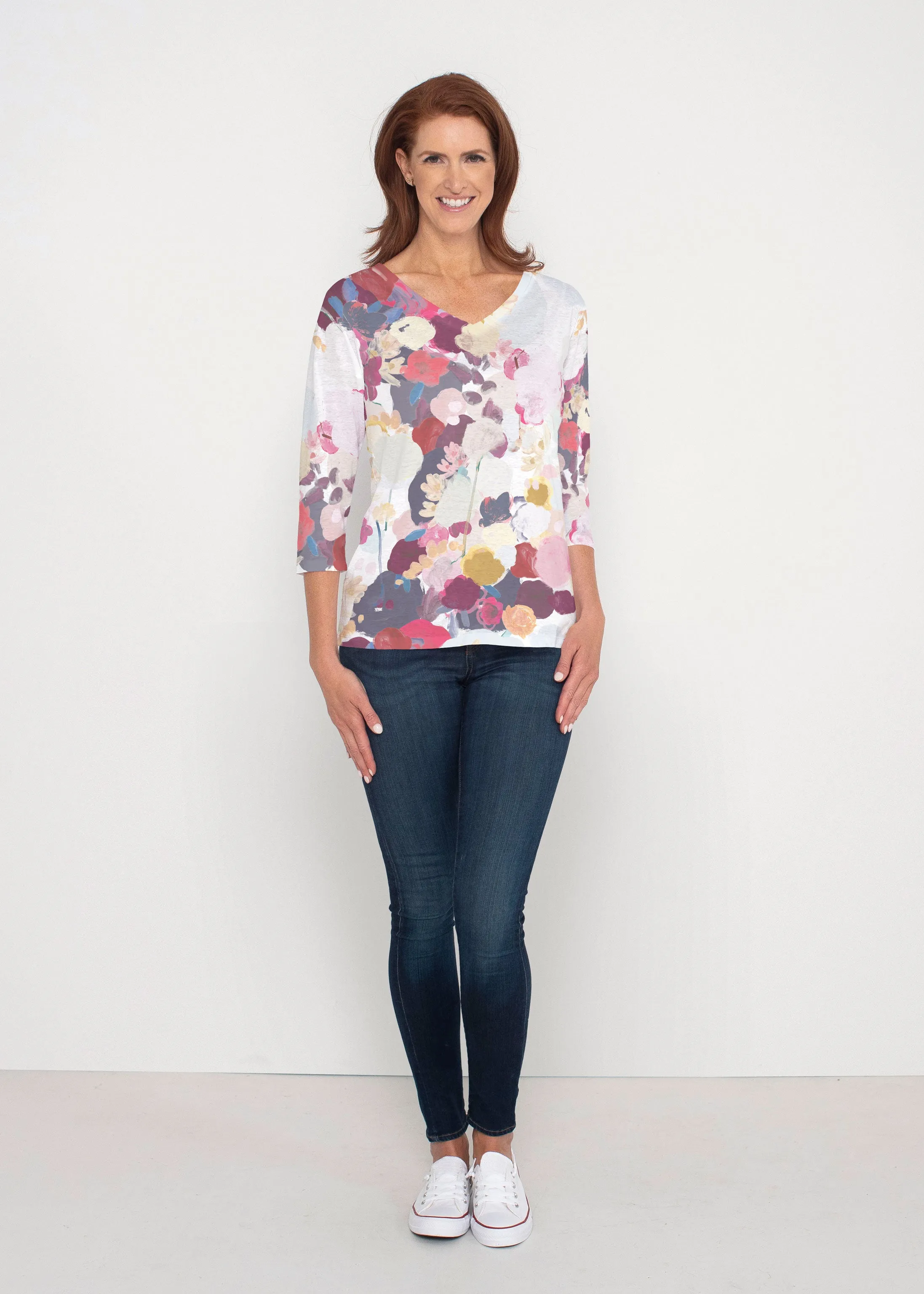 Colorful Poms (8063) ~ Signature 3/4 Sleeve V-Neck Top
