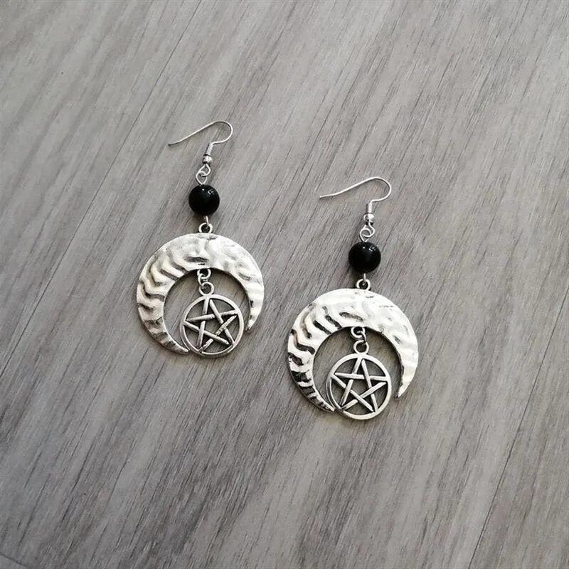 Crescent Moon Protective Pentagram Earring Beads Onyx Black Witchy Fashion Wicca Pagan Magic Goth Jewelry