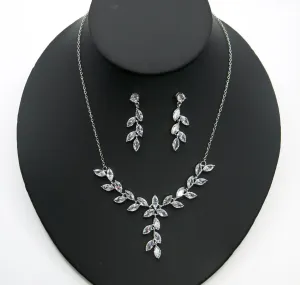 Crystal Leaf Bridal 3 PC Y-Necklace and Earrings Set, Gem Leaf Necklace Set, CZ Diamond Crystal Jewelry Set