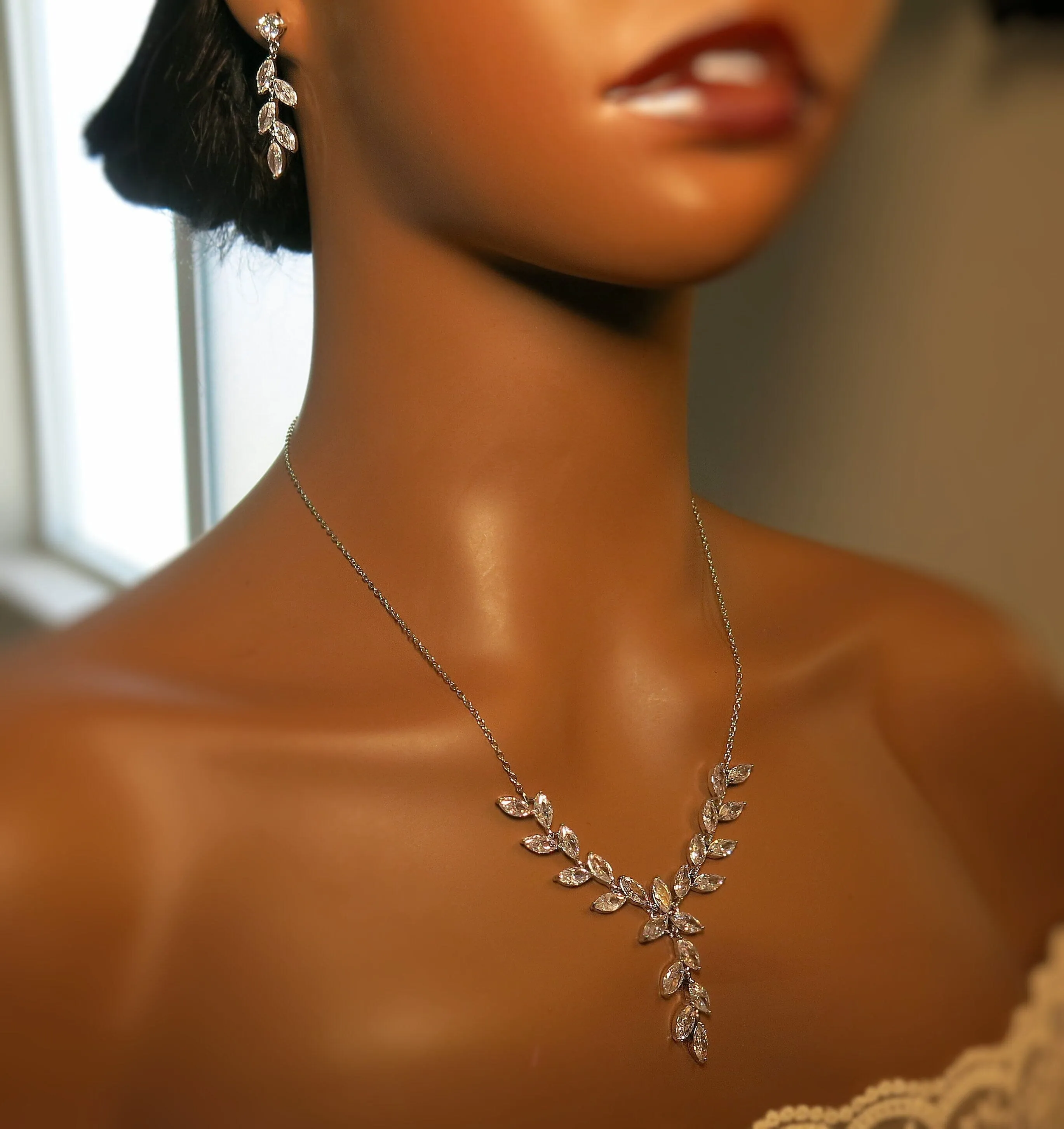 Crystal Leaf Bridal 3 PC Y-Necklace and Earrings Set, Gem Leaf Necklace Set, CZ Diamond Crystal Jewelry Set