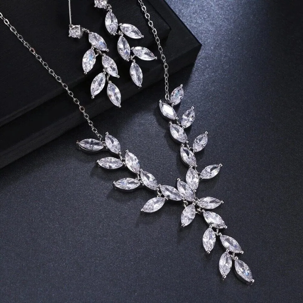 Crystal Leaf Bridal 3 PC Y-Necklace and Earrings Set, Gem Leaf Necklace Set, CZ Diamond Crystal Jewelry Set