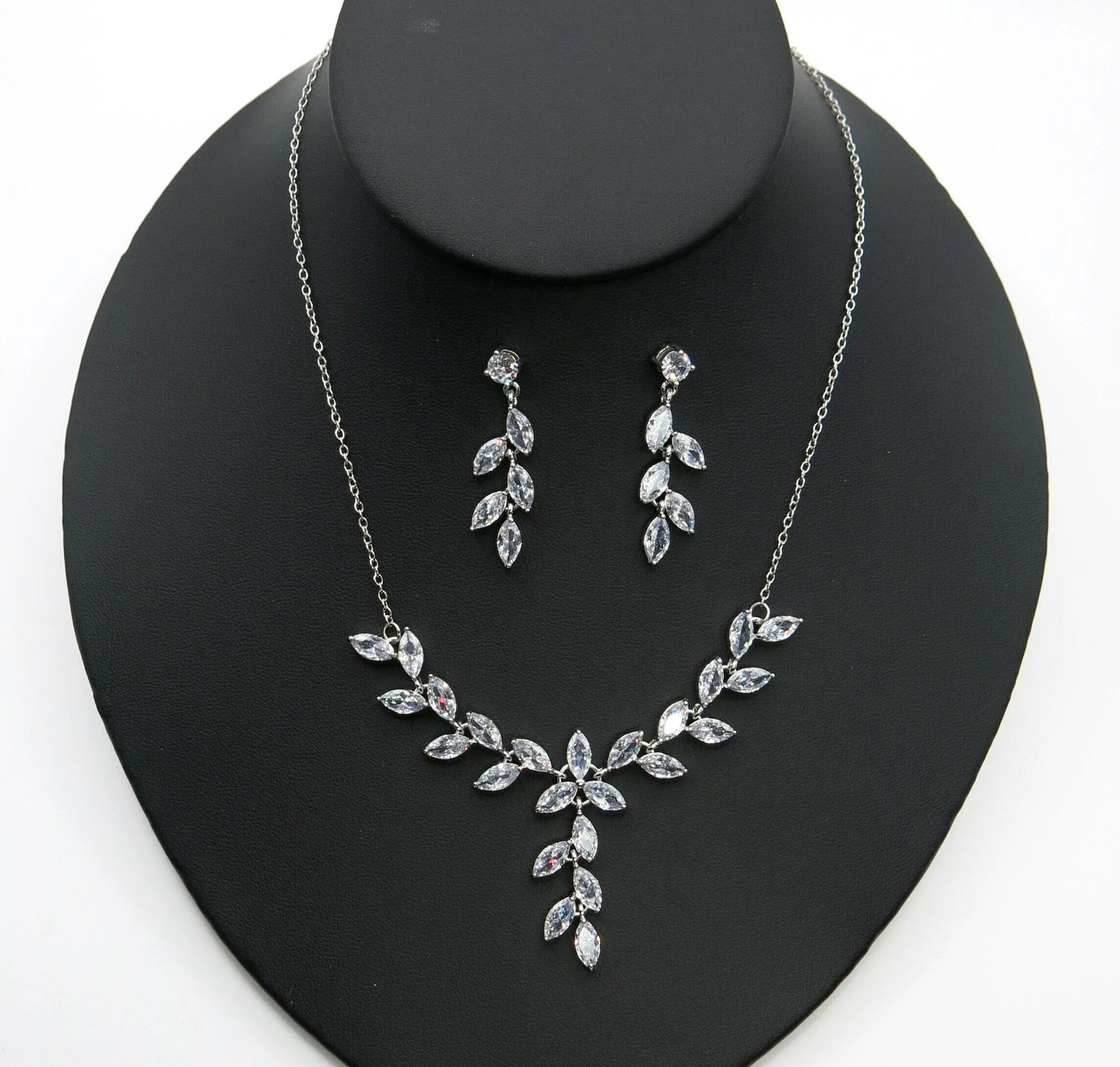 Crystal Leaf Bridal 3 PC Y-Necklace and Earrings Set, Gem Leaf Necklace Set, CZ Diamond Crystal Jewelry Set