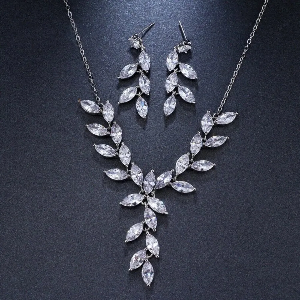 Crystal Leaf Bridal 3 PC Y-Necklace and Earrings Set, Gem Leaf Necklace Set, CZ Diamond Crystal Jewelry Set