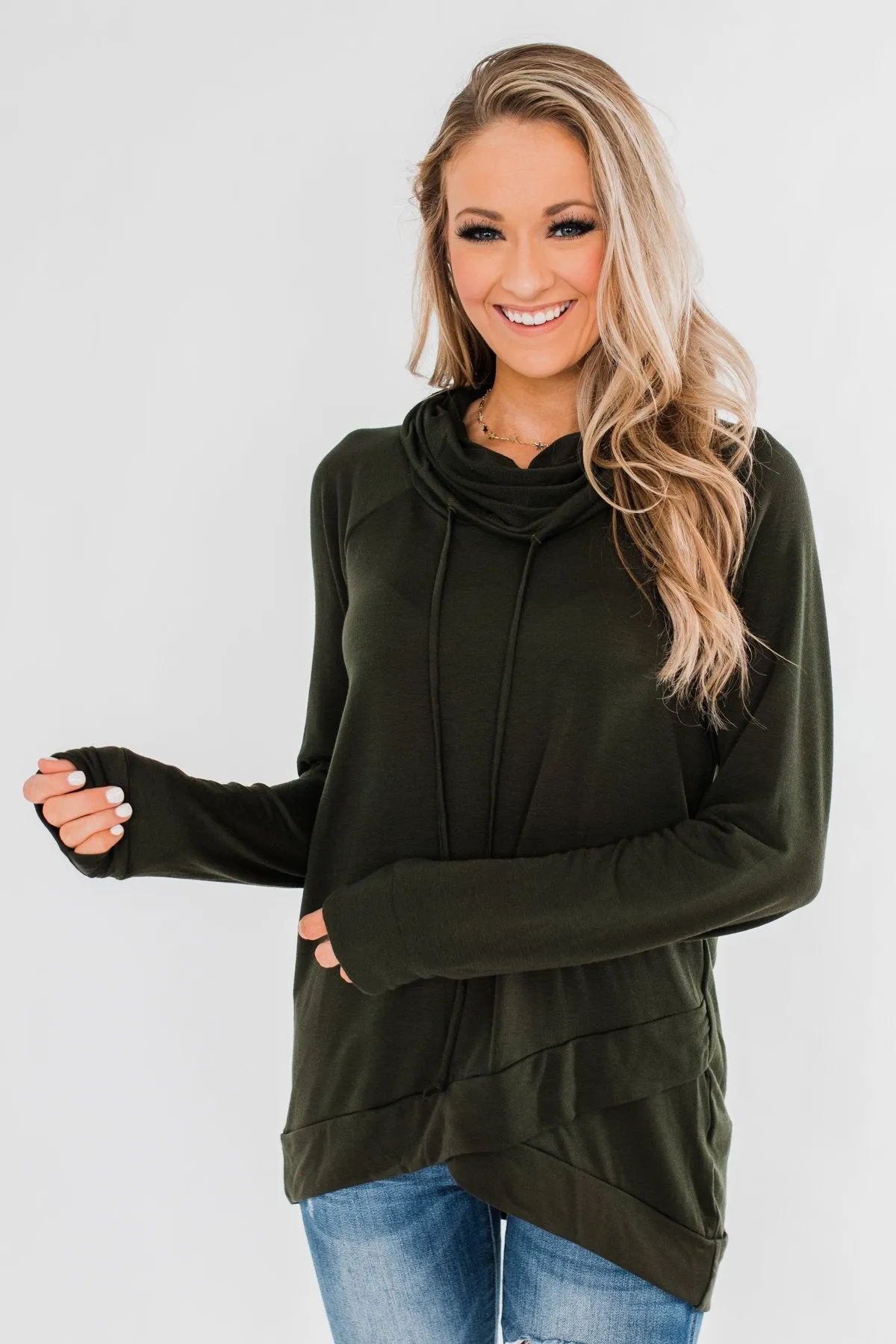 Cute & Casual Cowl Neck Pullover- Dark Olive