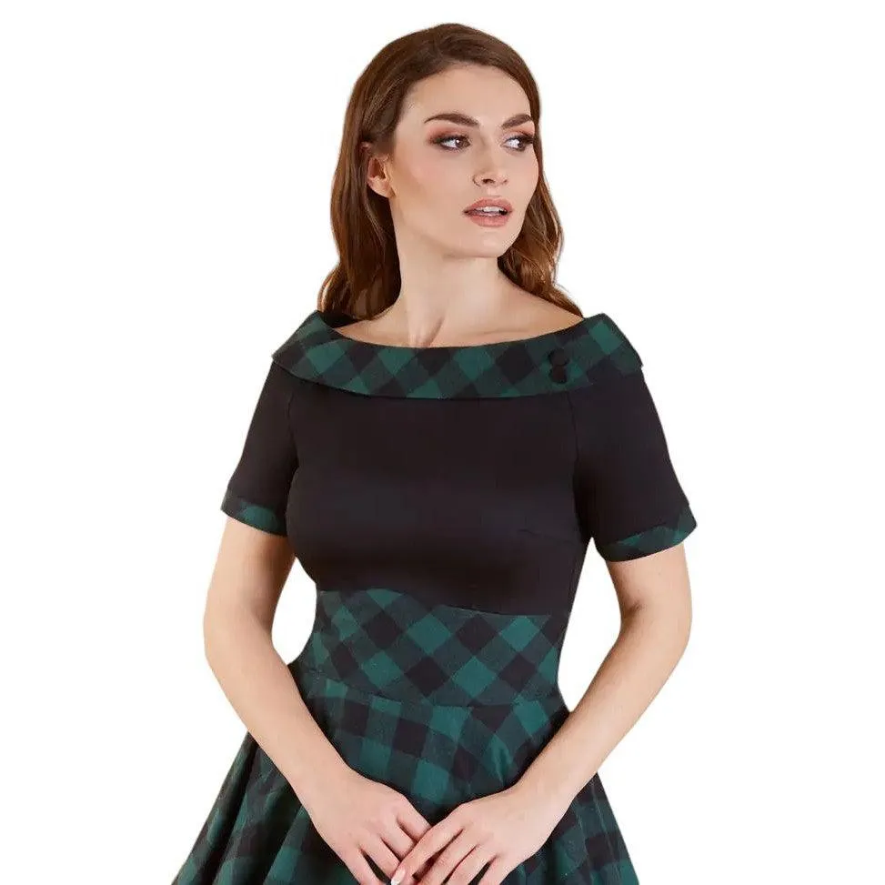 Darlene Retro Black & Green Tartan Swing Dress