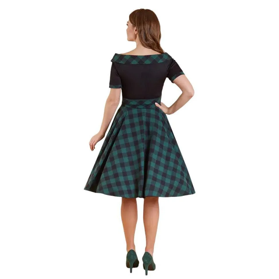 Darlene Retro Black & Green Tartan Swing Dress