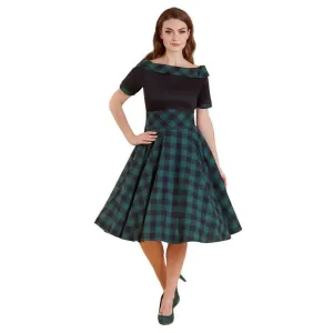 Darlene Retro Black & Green Tartan Swing Dress