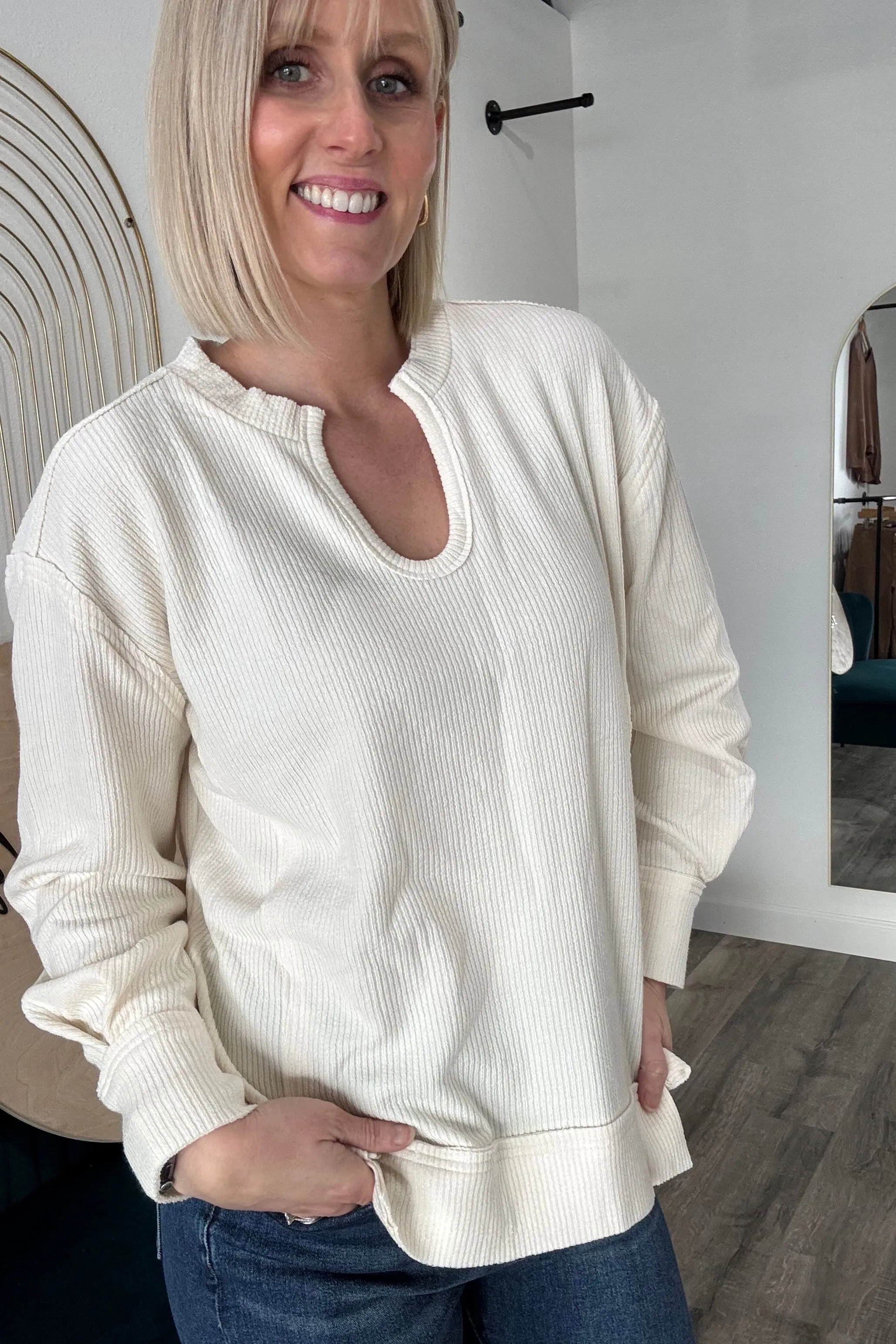Denna Raw Edge Split Neck Top