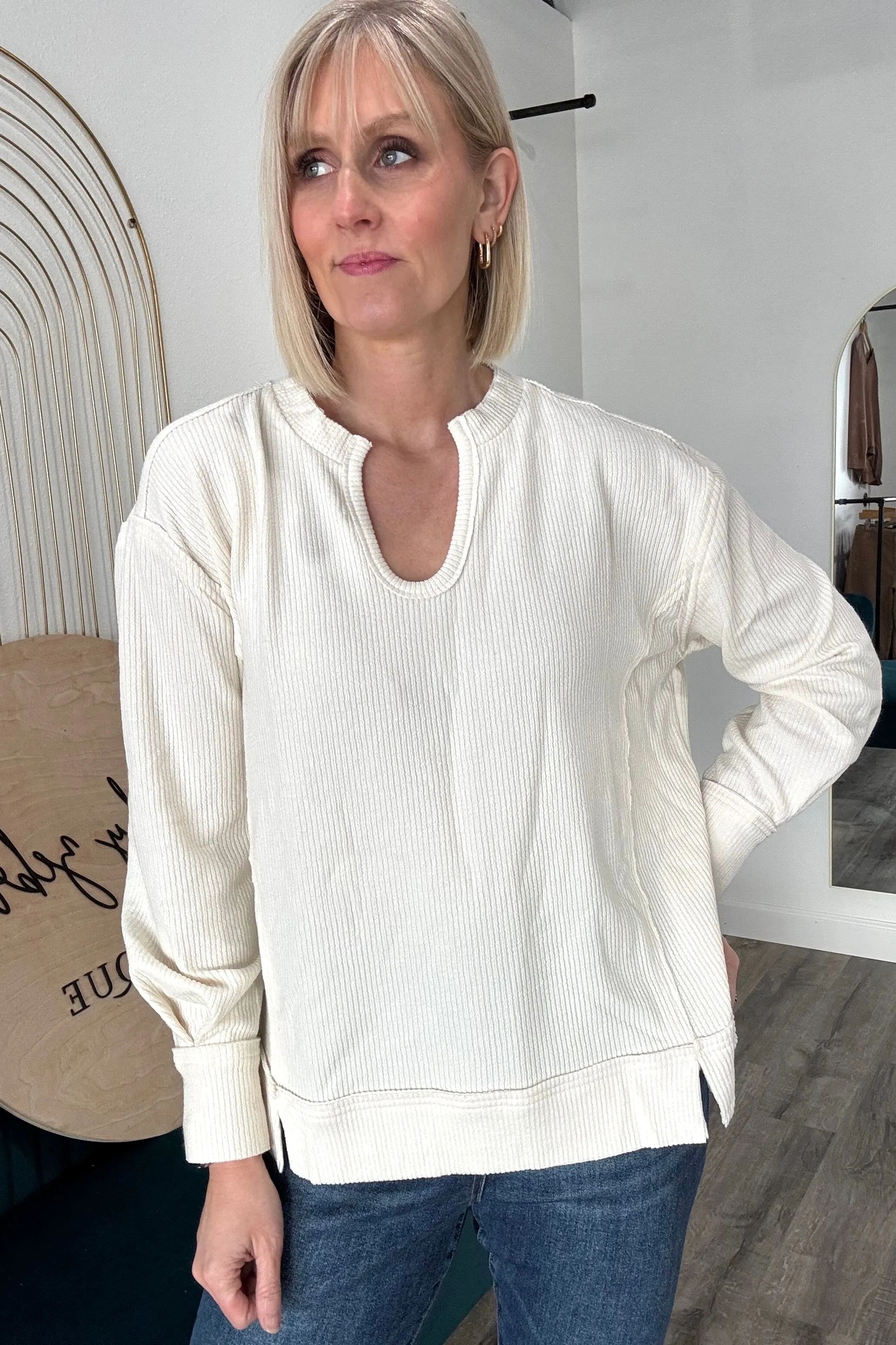Denna Raw Edge Split Neck Top