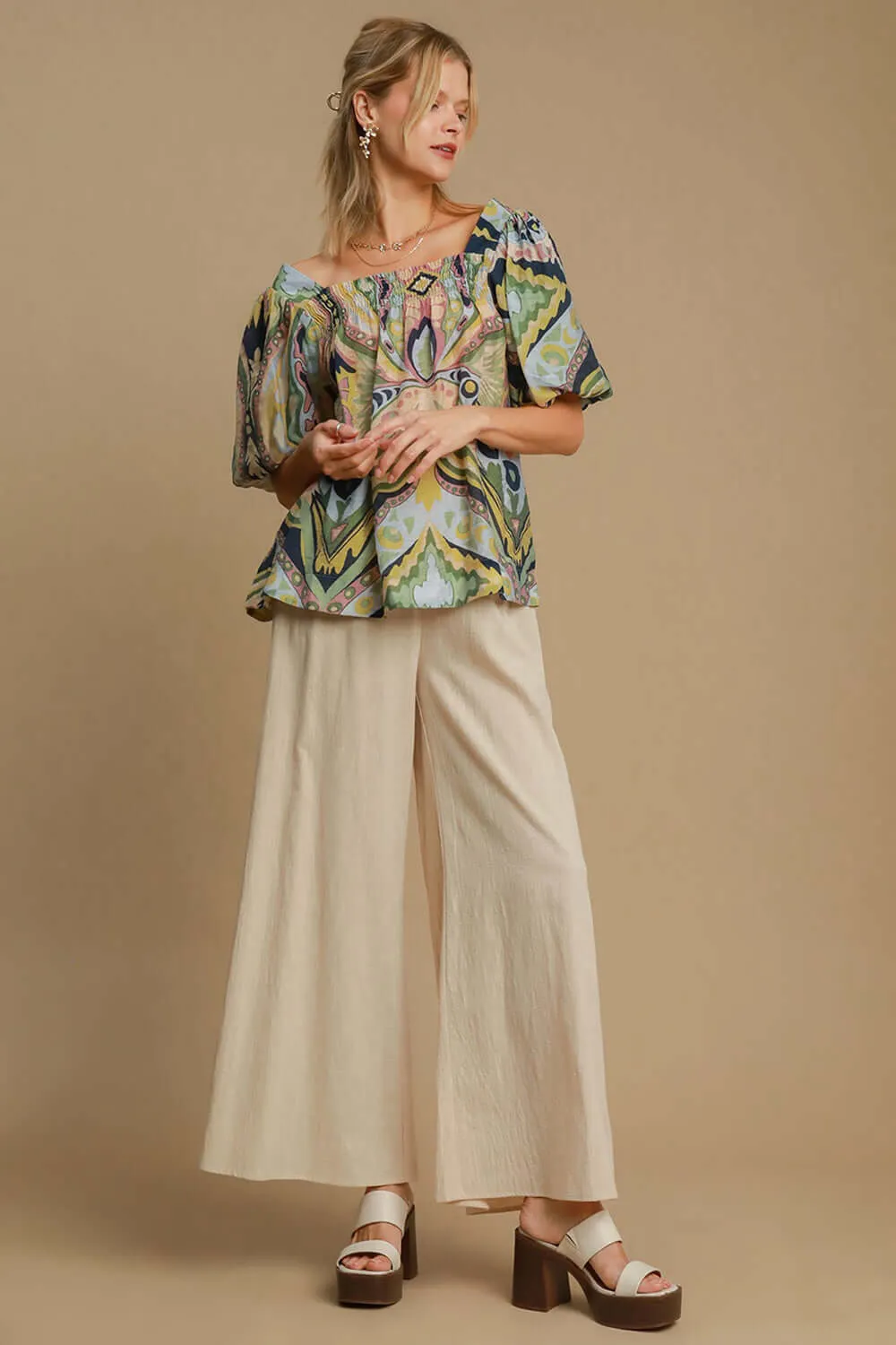 Designed for Greatness Abstract Print Blouse in Green and Blue Mix - Misses and Curvy
