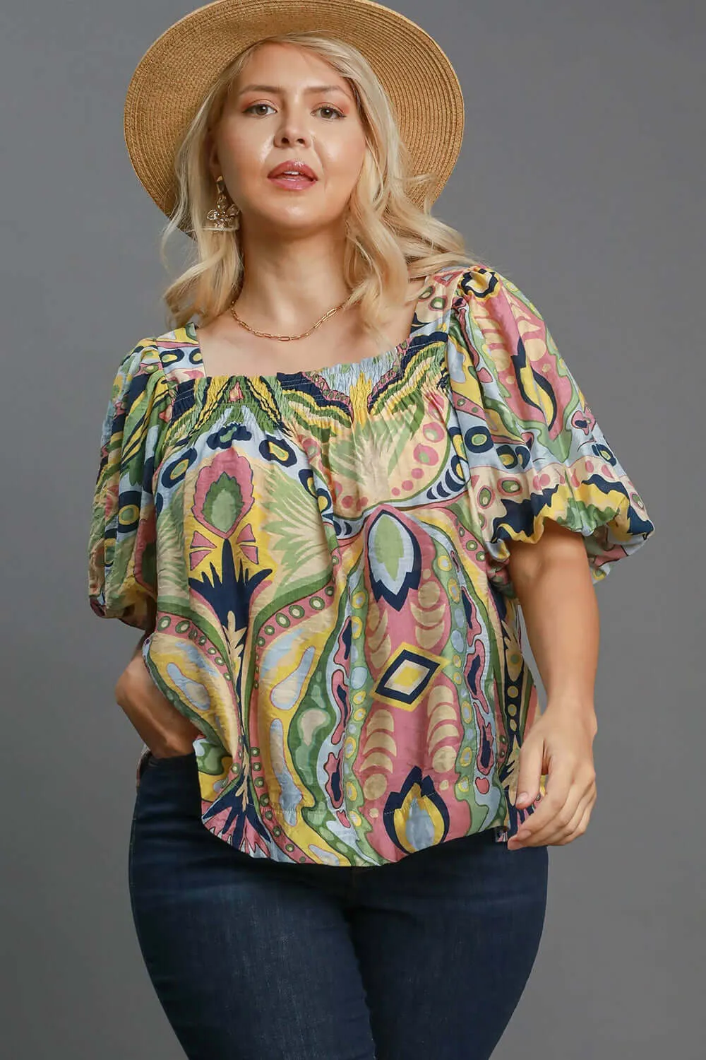 Designed for Greatness Abstract Print Blouse in Green and Blue Mix - Misses and Curvy