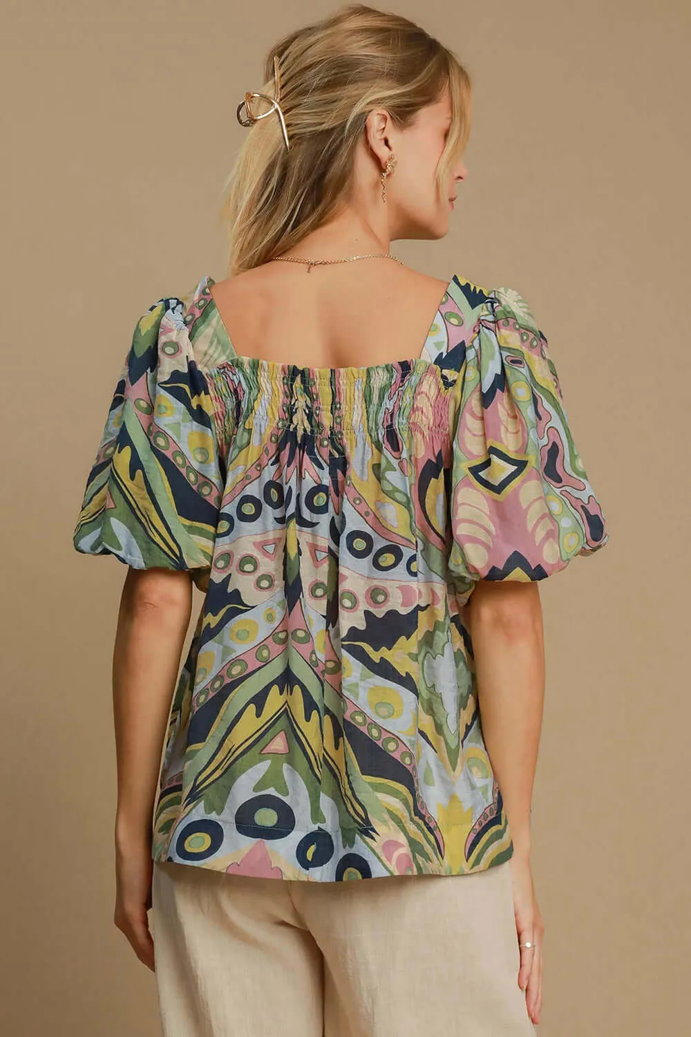 Designed for Greatness Abstract Print Blouse in Green and Blue Mix - Misses and Curvy