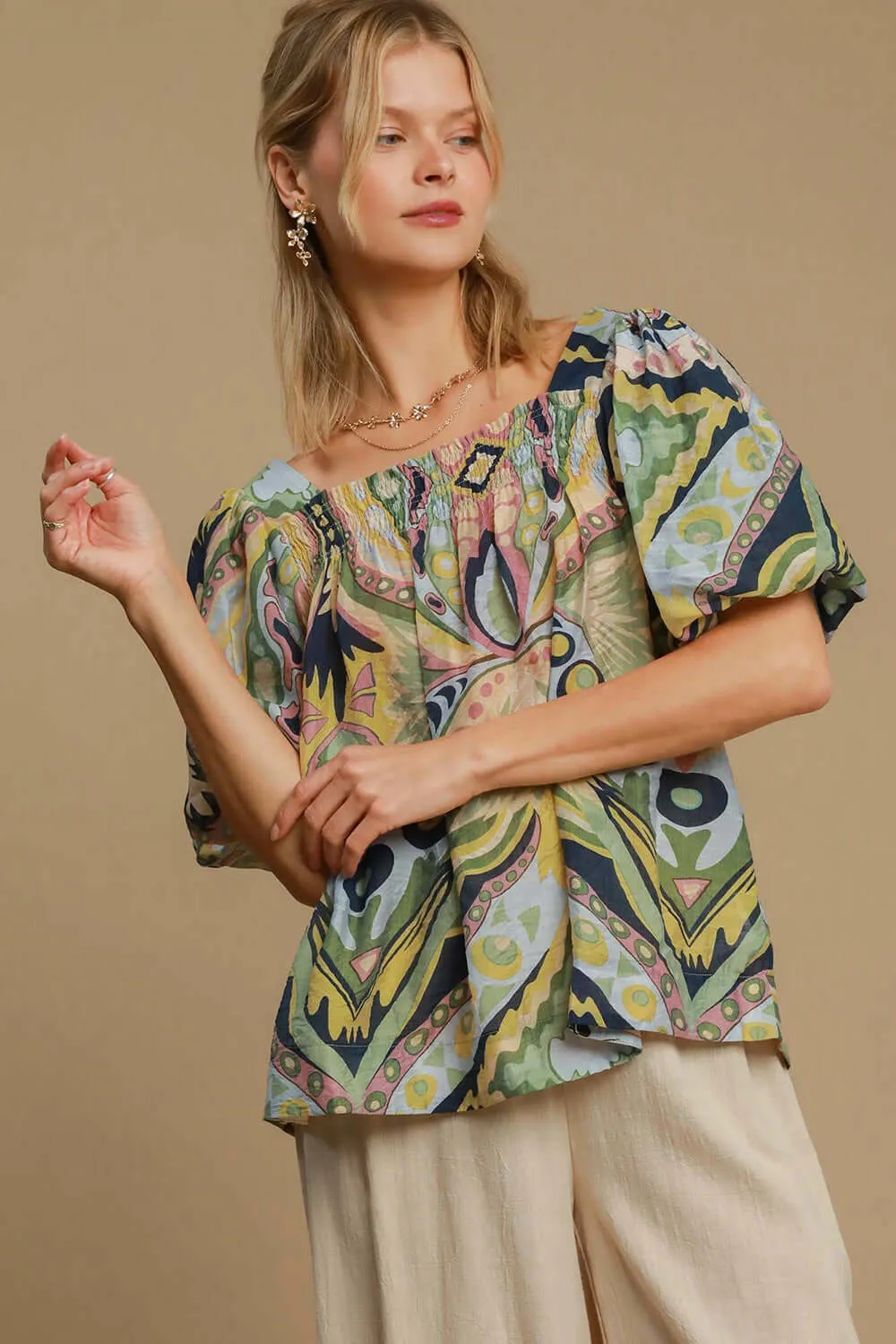 Designed for Greatness Abstract Print Blouse in Green and Blue Mix - Misses and Curvy