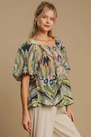 Designed for Greatness Abstract Print Blouse in Green and Blue Mix - Misses and Curvy
